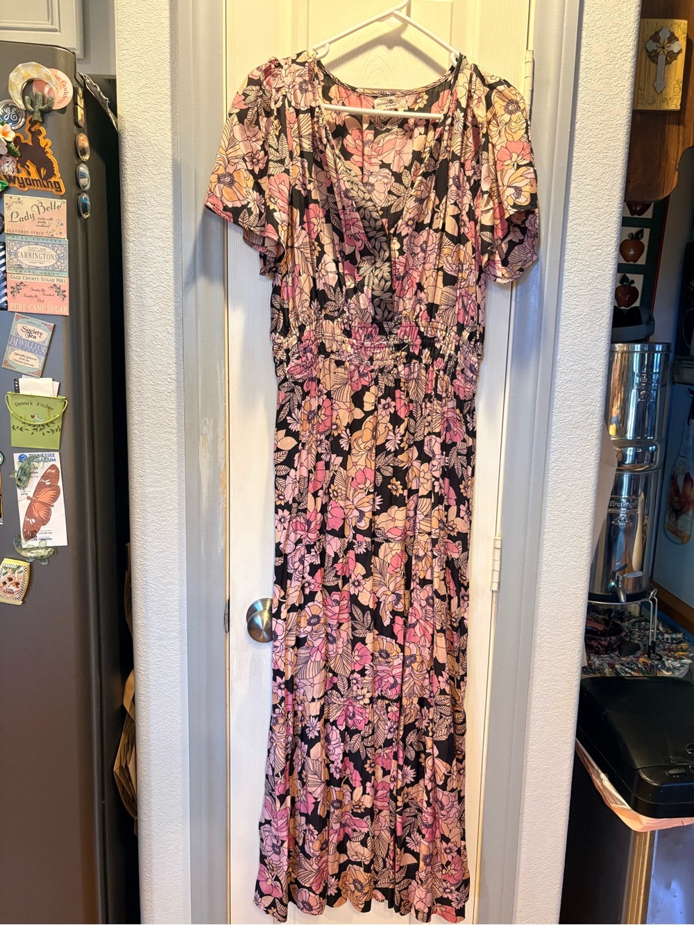 NATURAL LIFE Black Maxi Dress with Pink and Cream Floral Print